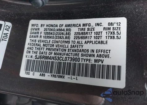 2012 Honda Cr-V Ex z USA, uszkodzony, nr VIN 5J6RM4H53CL073900